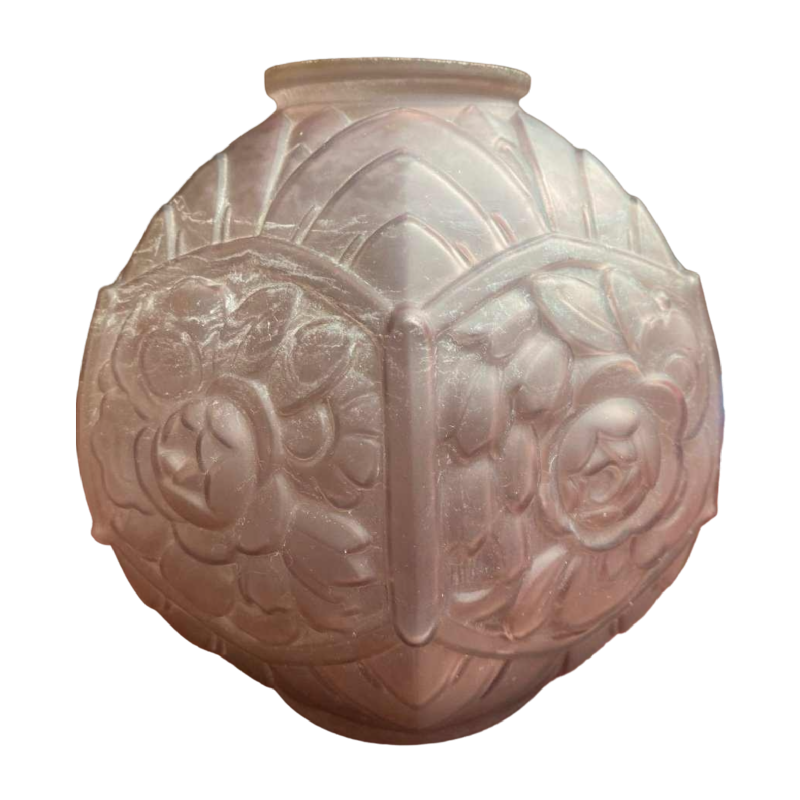 Vase Art Deco en verre pressé moulé, décor cubiste fleurs stylisées, signé CLA