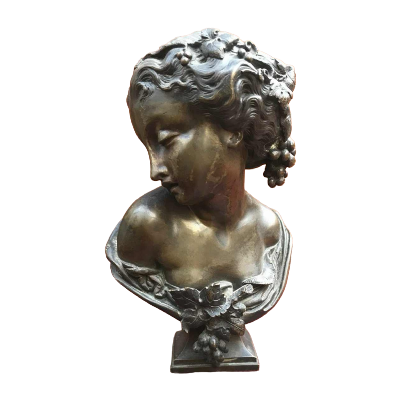 Sculpture buste de jeune femme en bronze attribué à Jacques Marin, Art Nouveau ca 1900