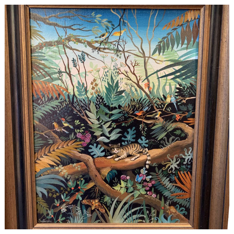 Marie-Louise Batardy huile sur toile "chat dans la jungle"