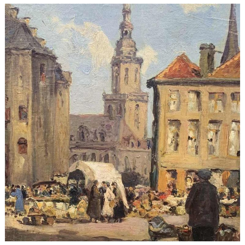 Albert DANDOY "Marché à Furnes (Veurne) - 1931" huile sur toile marouflée