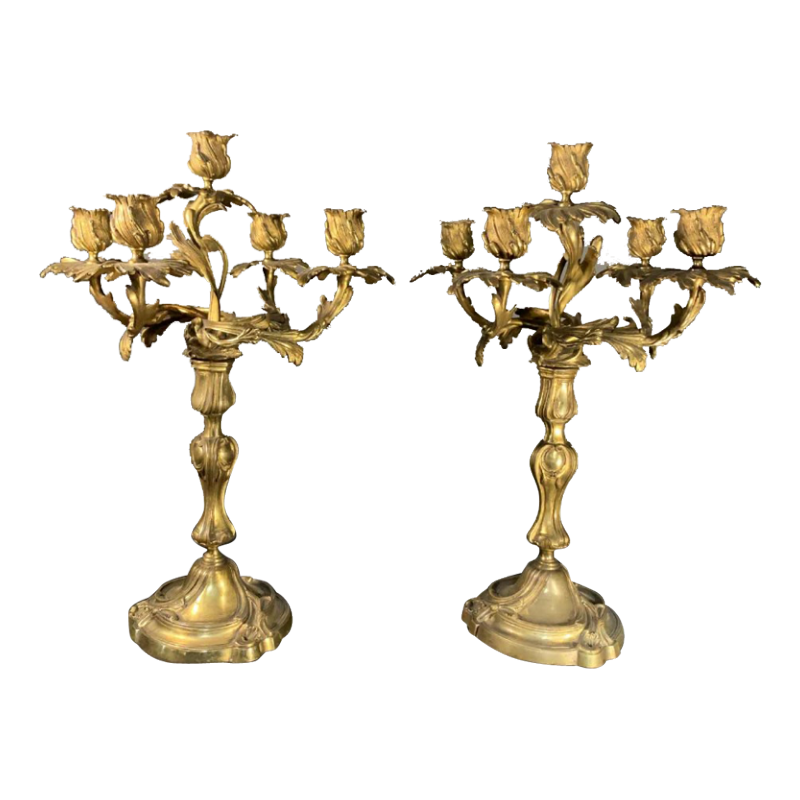 Pair of Candelabra / Candlesticks gilded bronze, Louis XV Rocaille circa 1900