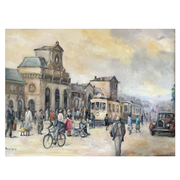 Pol Duruisseau « Namur - Place de la gare animée » peinture huile sur toile