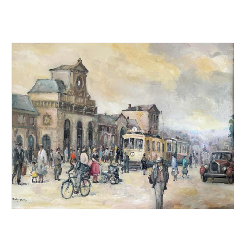 Pol Duruisseau « Namur - Place de la gare animée » peinture huile sur toile