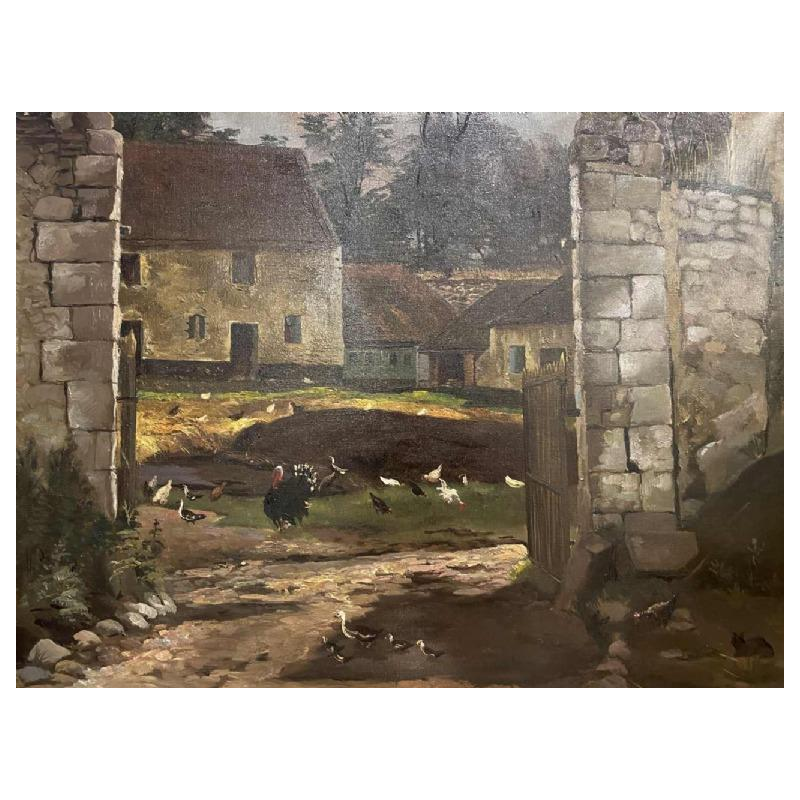 Marcel GILLIS (1897-1972): « Cour de ferme avec dindon, canards et poules »
