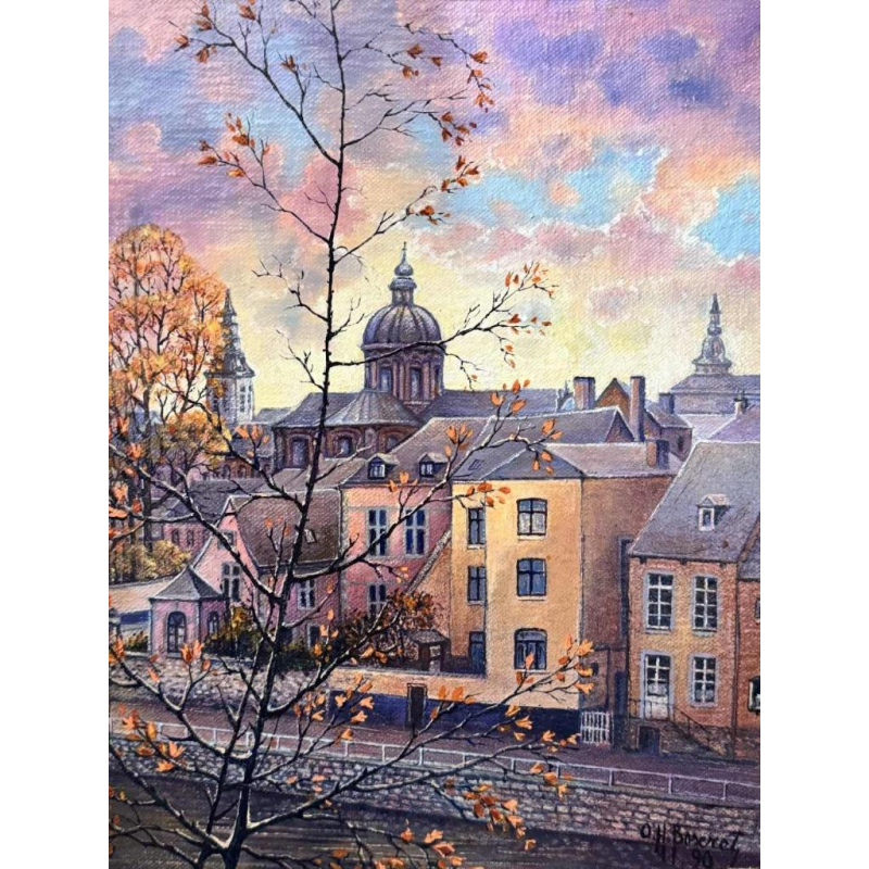 Olivier Henri BOSERET "La maison rose en bord de Sambre, Namur" huile sur toile