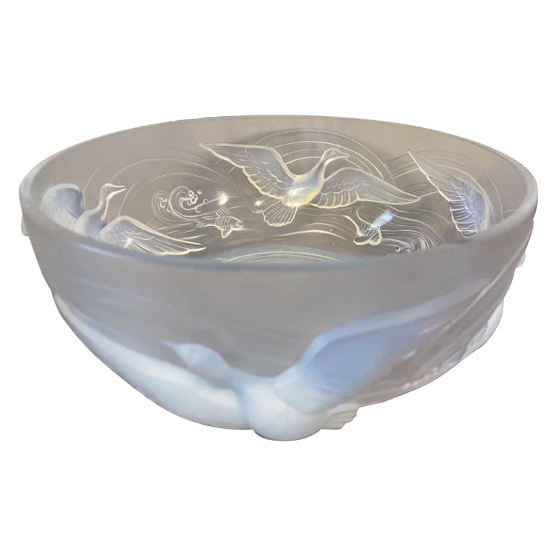 Verlys France coupe art deco « aux oiseaux de mer poissons » verre opalescent