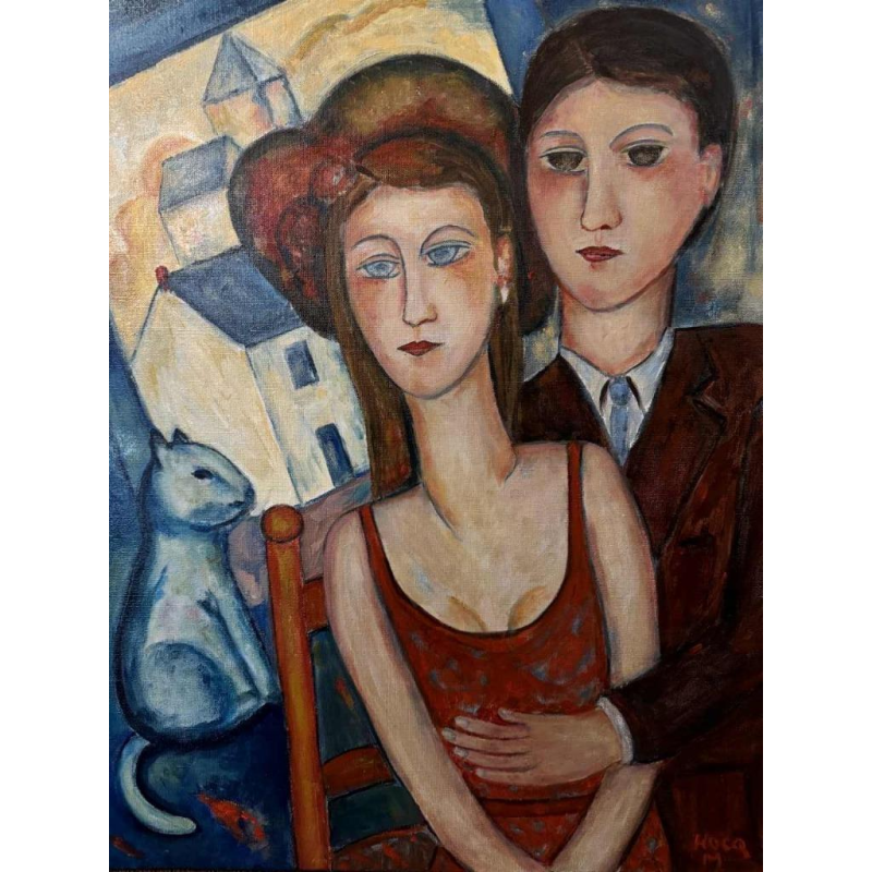 Marcel HOCQ (1933-2021): "Le jeune couple et son chat bleu »