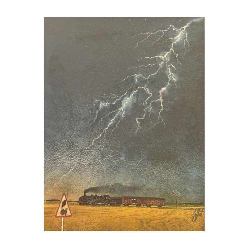 Jean GOFFART (1939-2006): 'Trein in de storm' olieverf op paneel