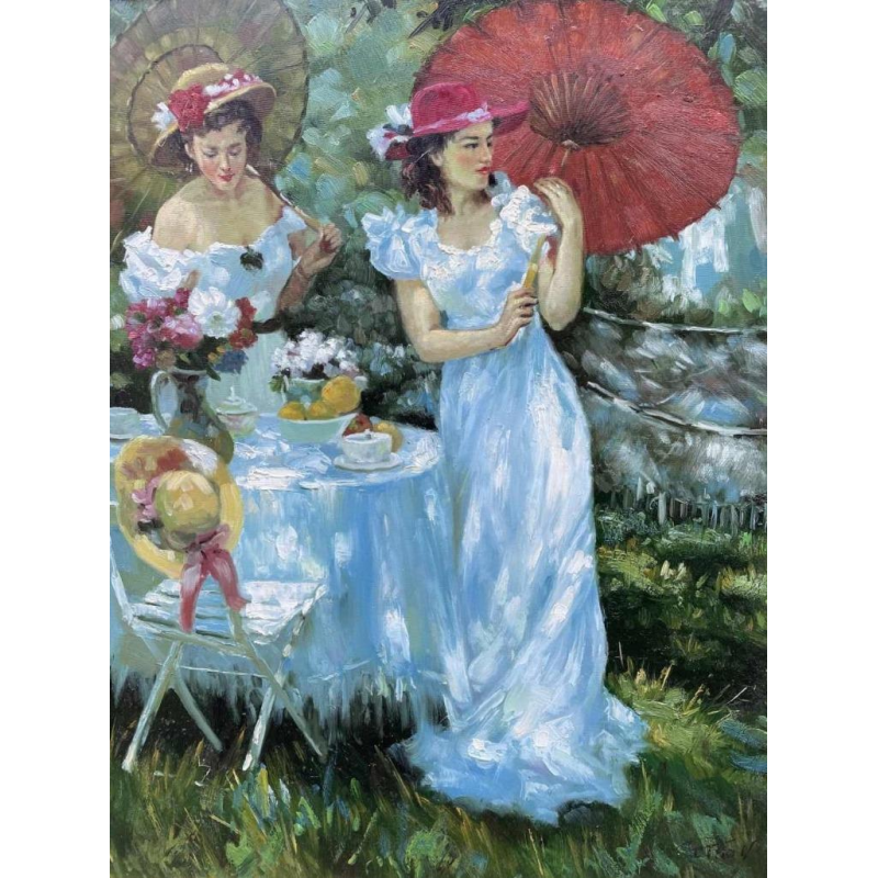 Vladimir PETROV (1945-): « Jeunes femmes au jardin » huile sur toile