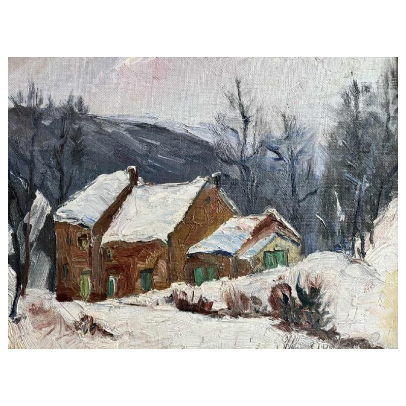 Marie LAMBREXHE (1921-1998): «  Maison ardennaise sous la neige» peinture