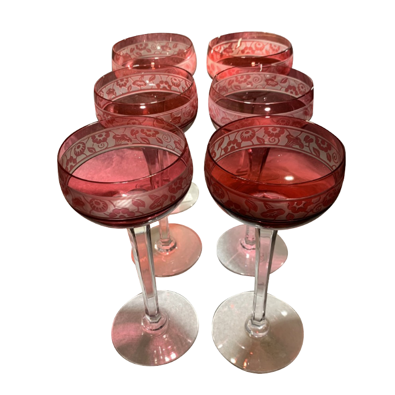 Cristal de Nancy 6 verres Roemers taillés gravés art deco