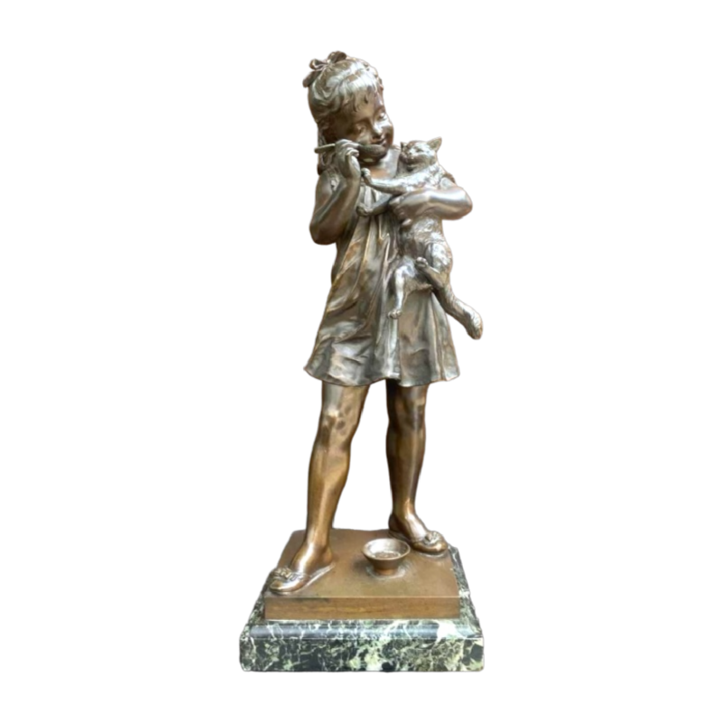 Pierre Ernest Bouret "fillette et son chat" sculpture en bronze sur socle en marbre