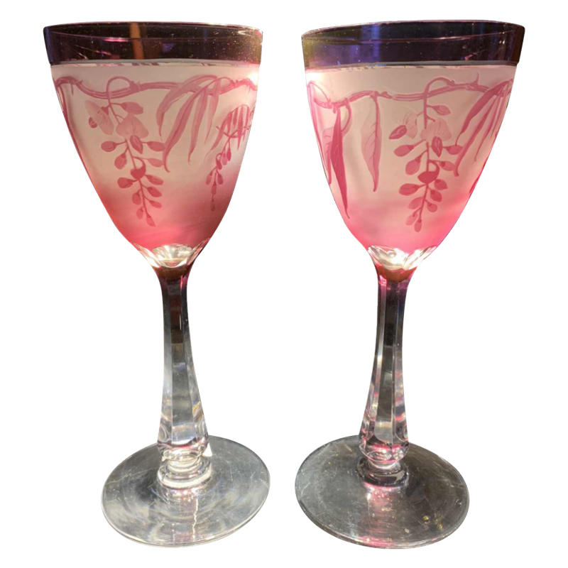 2 superbes verres en cristal fluogravé du val saint lambert époque 1910