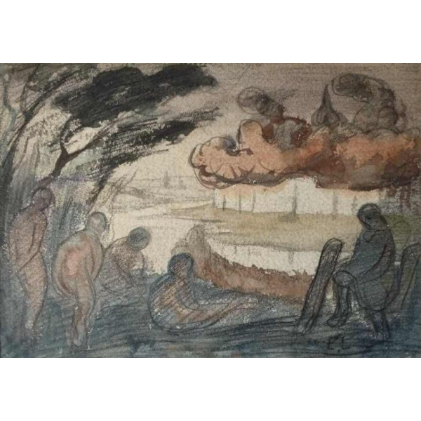 Eugène Laermans, tekening Les baigneuses gemengde techniek op papier, Belgische school 1916