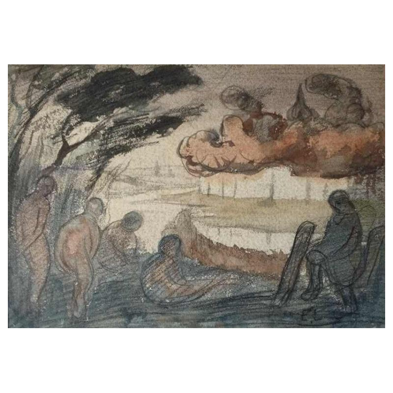 Eugène Laermans, dessin « Les baigneuses » technique mixte sur papier, école belge 1916