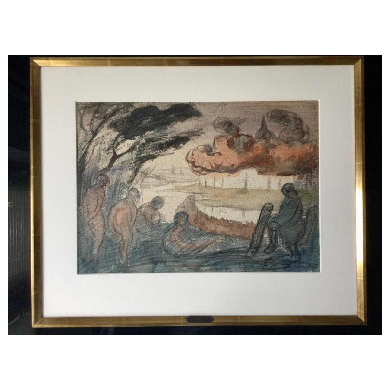 Eugène Laermans, drawing Les baigneuses mixed media on paper, Belgian school 1916