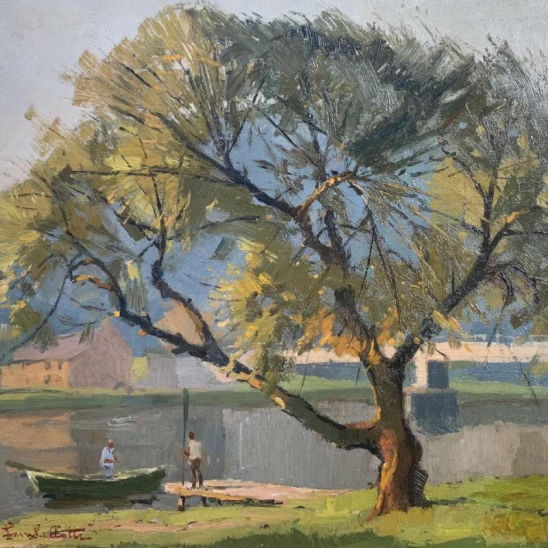 Paysage La Meuse à Rouillon vers Godinne huile sur toile par Georges Lambillotte