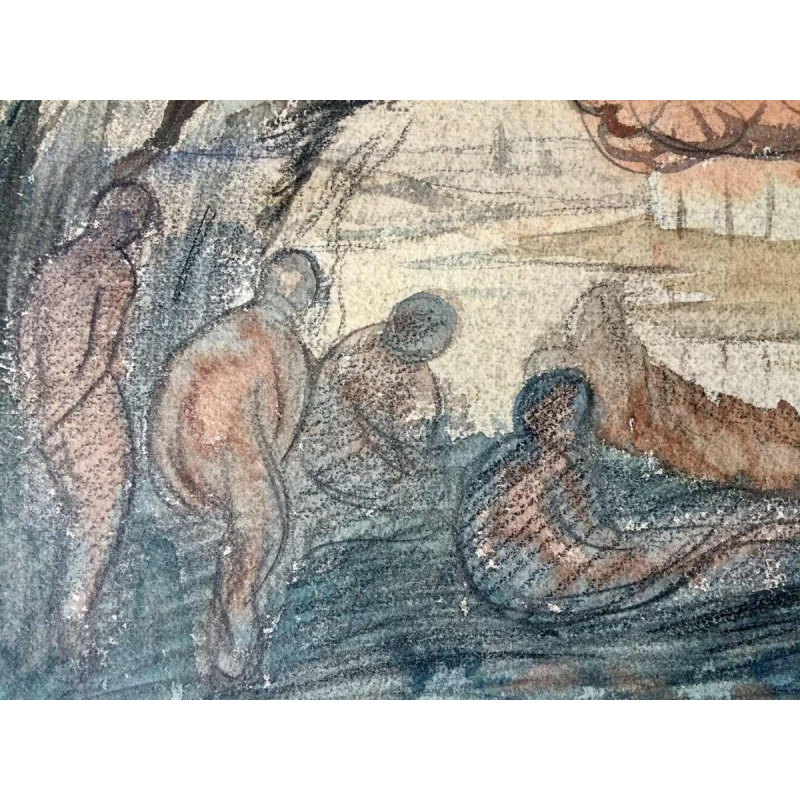 Eugène Laermans, tekening Les baigneuses gemengde techniek op papier, Belgische school 1916