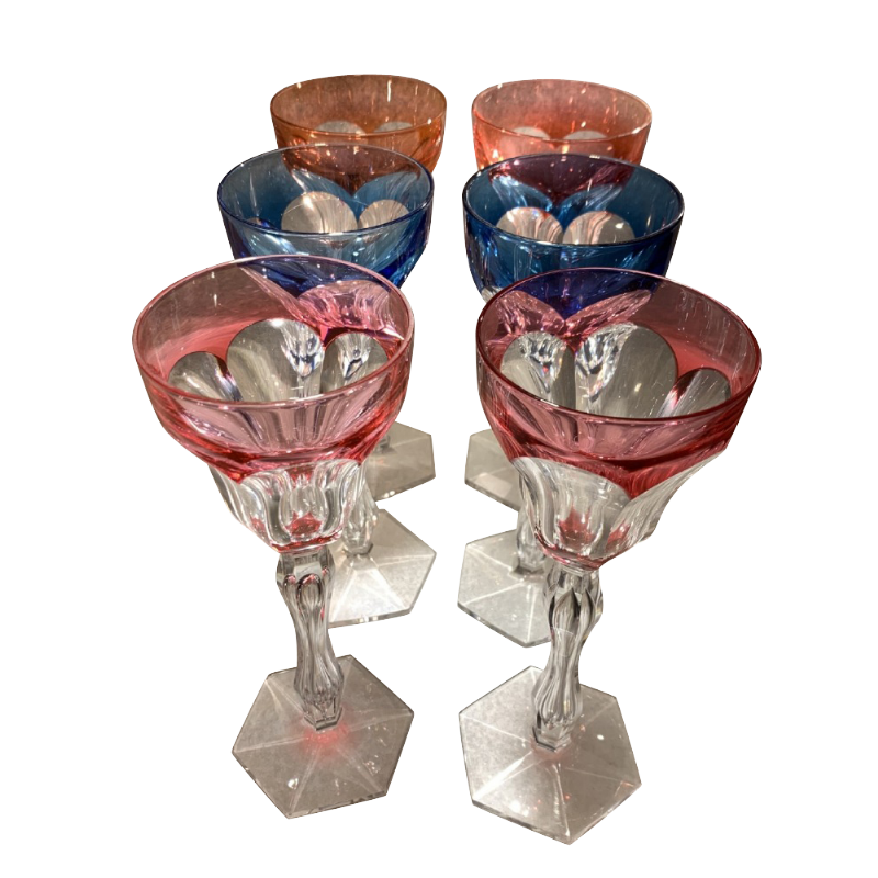 Val Saint-Lambert cristal 6 Roemers LALAING colorés rose, bleu et orange.