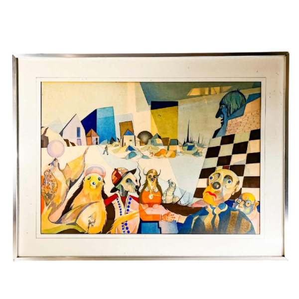 Kubo-surrealistisch schilderij, gemengde techniek op papier, gesigneerd en gedateerd “David 1974“