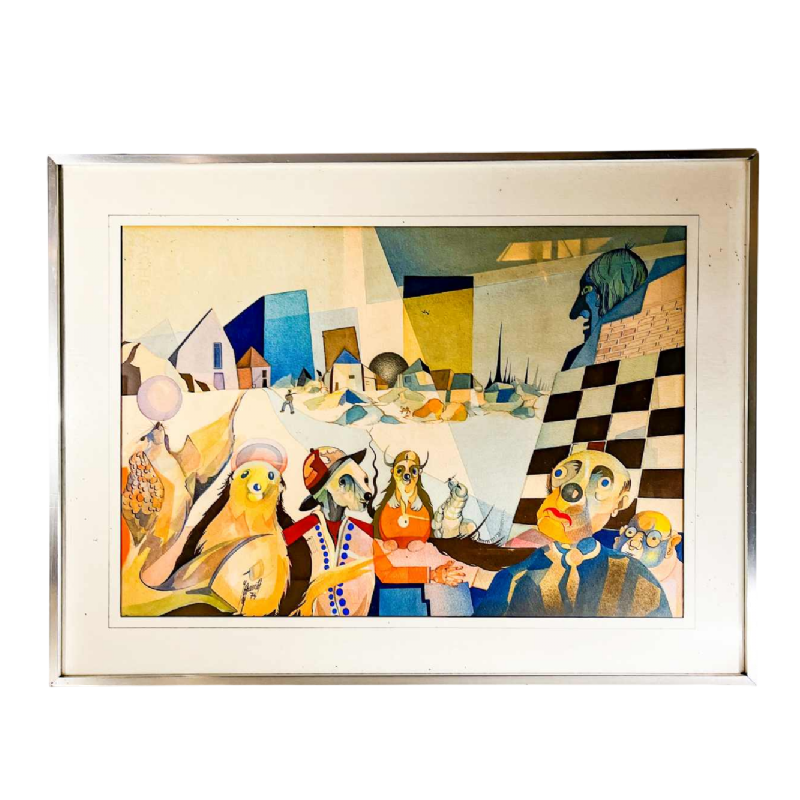 Tableau cubo-surréaliste, technique mixte sur papier, signé et daté “David 1974“