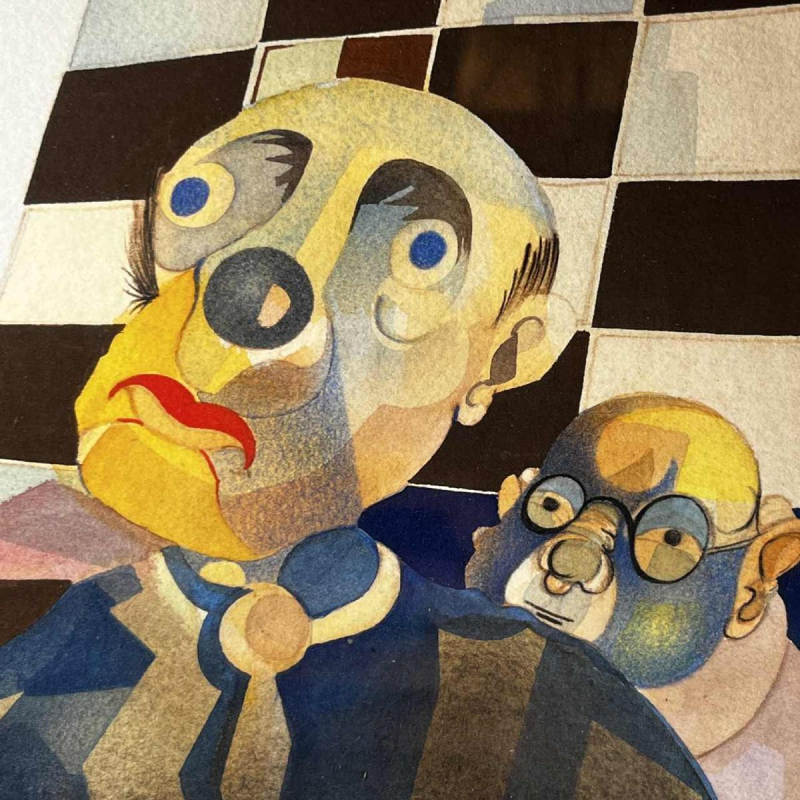 Cubo-surrealist painting, mixed technique on paper, signed and dated “David 1974“