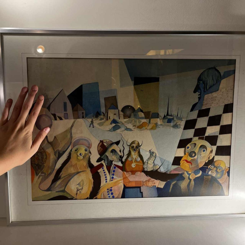 Cubo-surrealist painting, mixed technique on paper, signed and dated “David 1974“