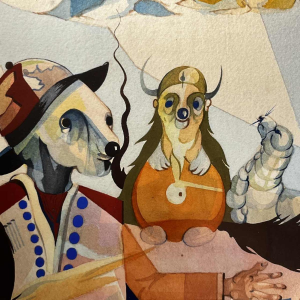 Kubo-surrealistisch schilderij, gemengde techniek op papier, gesigneerd en gedateerd “David 1974“