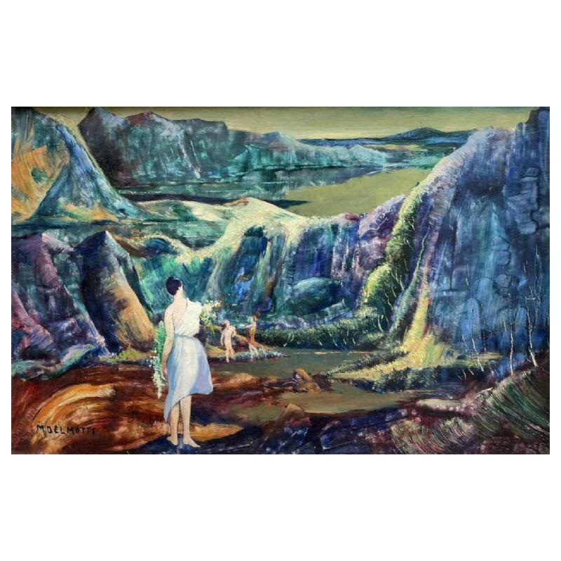 Marcel DELMOTTE (1901-1984) « Paysage fantastique » huile sur isorel 30x45 cm