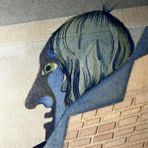 Kubo-surrealistisch schilderij, gemengde techniek op papier, gesigneerd en gedateerd “David 1974“