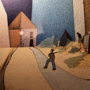 Kubo-surrealistisch schilderij, gemengde techniek op papier, gesigneerd en gedateerd “David 1974“