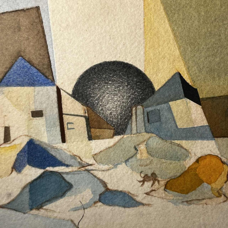 Cubo-surrealist painting, mixed technique on paper, signed and dated “David 1974“