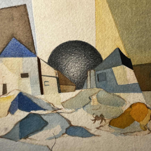 Cubo-surrealist painting, mixed technique on paper, signed and dated “David 1974“