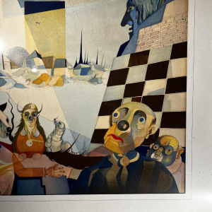 Cubo-surrealist painting, mixed technique on paper, signed and dated “David 1974“