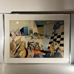 Cubo-surrealist painting, mixed technique on paper, signed and dated “David 1974“