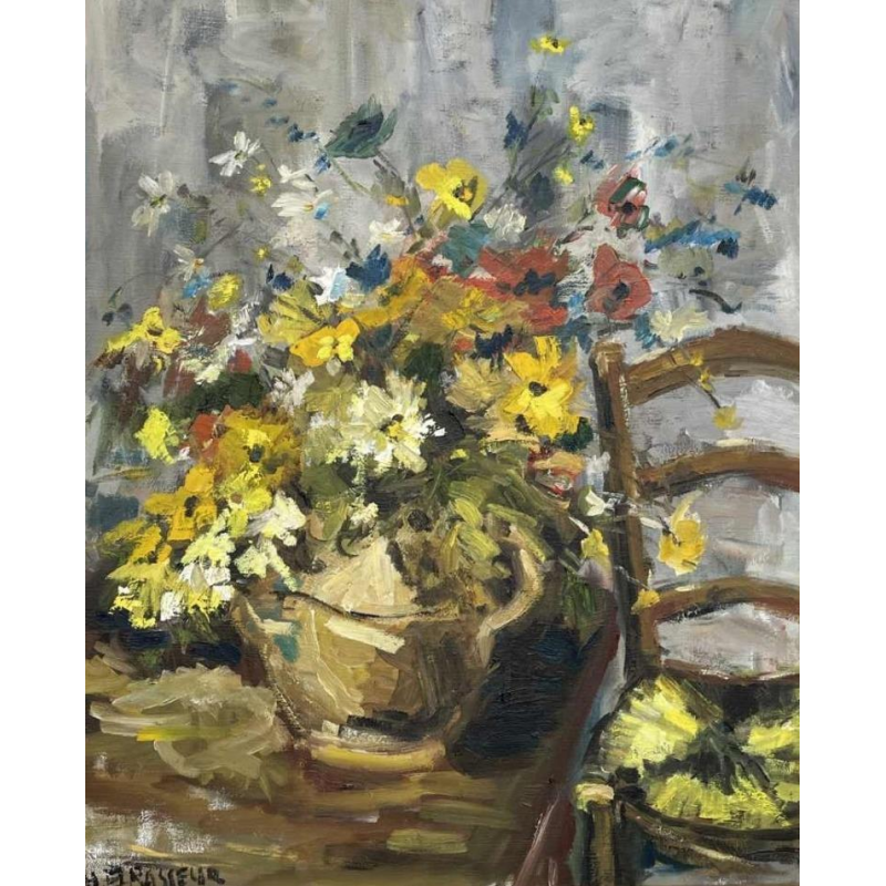 Christian BRASSEUR (1940-) : « le bouquet éclatant à la vieille chaise » 80x66cm