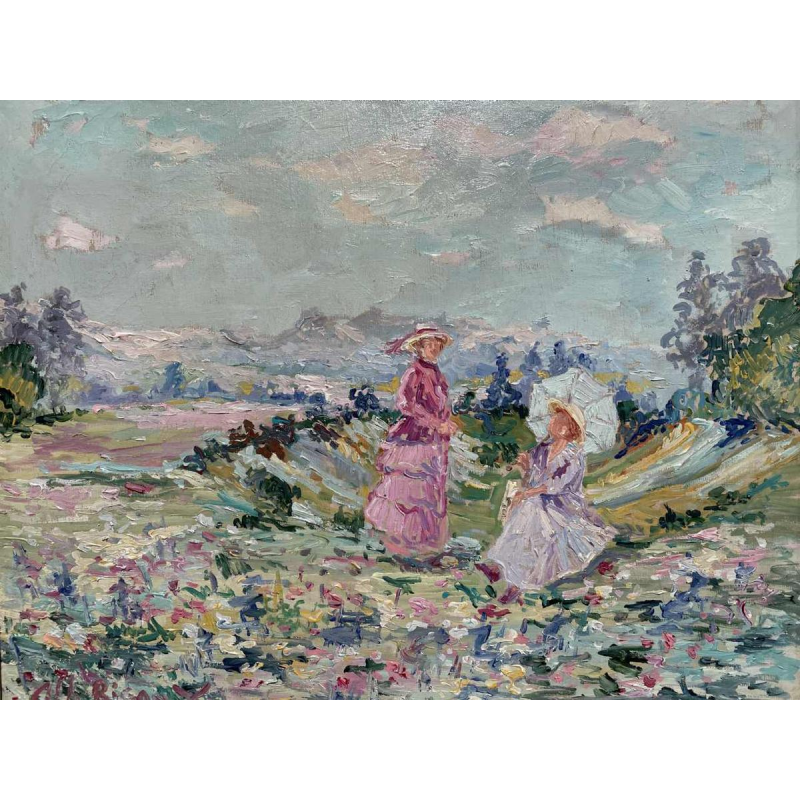 Albert RIGAUX (1954-) Jeunes femmes en balade hst 50x72 cm