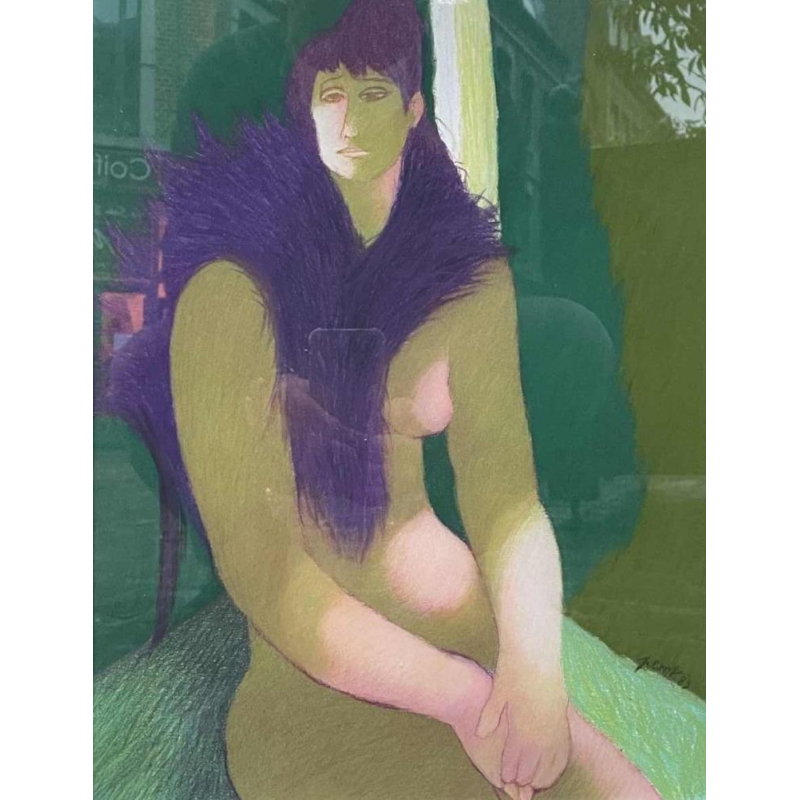 Luc PEROT (1922-1985) « Jeune femme dénudée au boa mauve » technique mixte