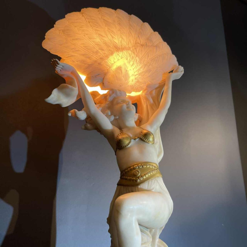 O. ROSSI, Oosterse Danseres, Art Deco Vrouwenlamp / Sculptuur Albast Jaren 1920