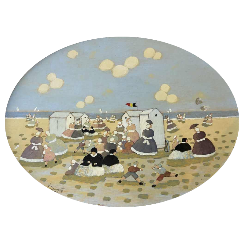 Victor DOUMONT (1946-) « Scène de plage avec cabines en Belgique » hsp 30x40 cm