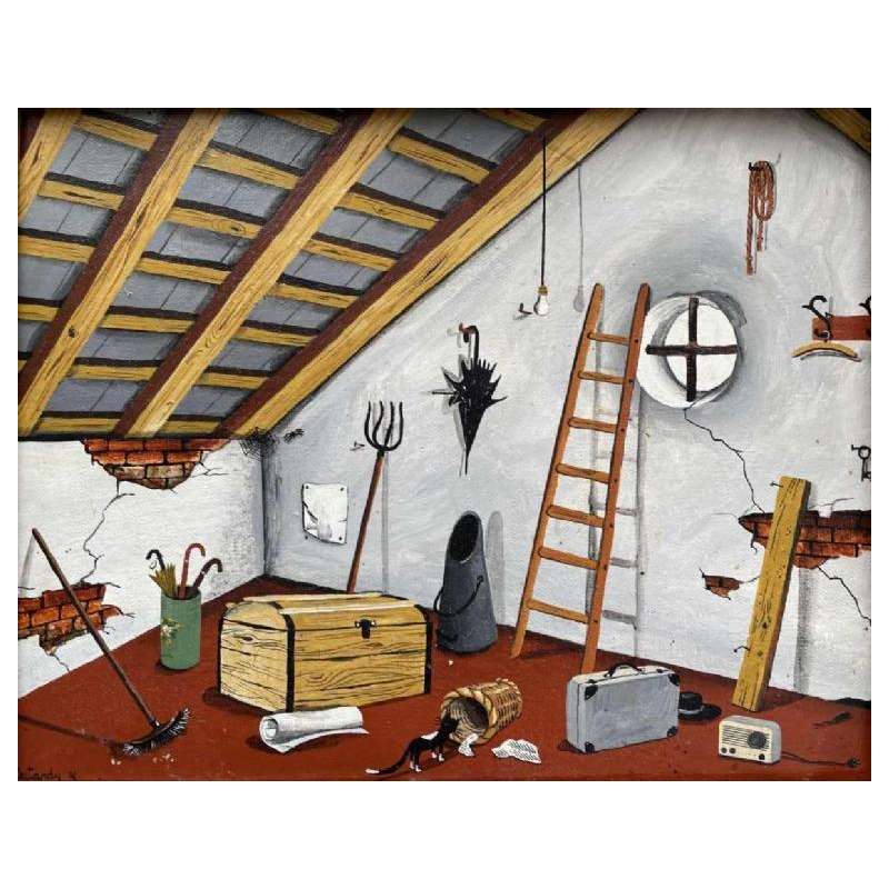 Marie-Louise BATARDY (1943-) « Fouille au grenier » hst 24x32 cm
