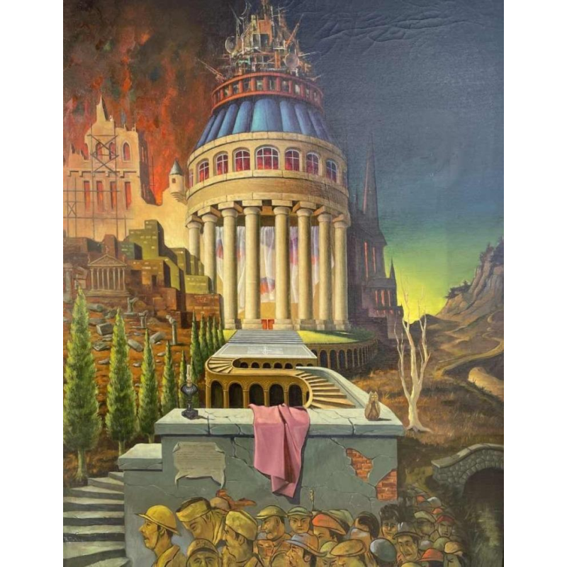 René TOBIE (Wangenies 1920-) « Le Temple de Mars » 1957 hst surréaliste