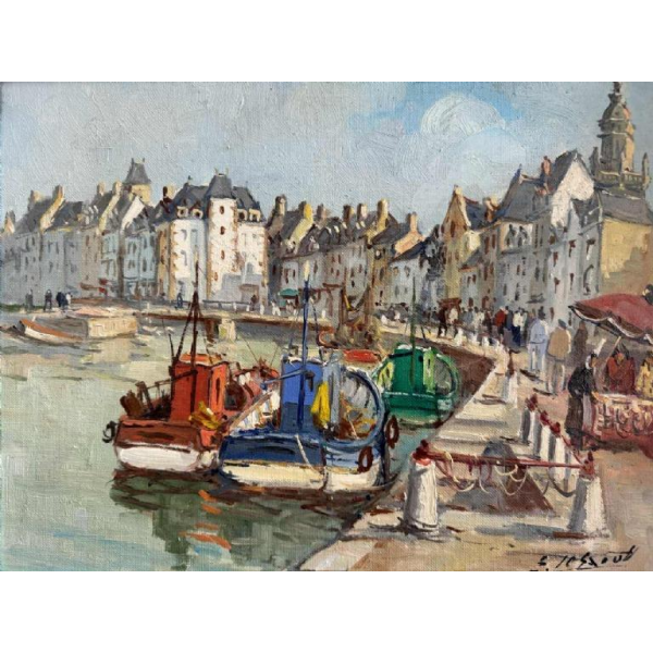 Édouard LE SAOUT (1909-1981) : « Chalutiers dans un port breton »