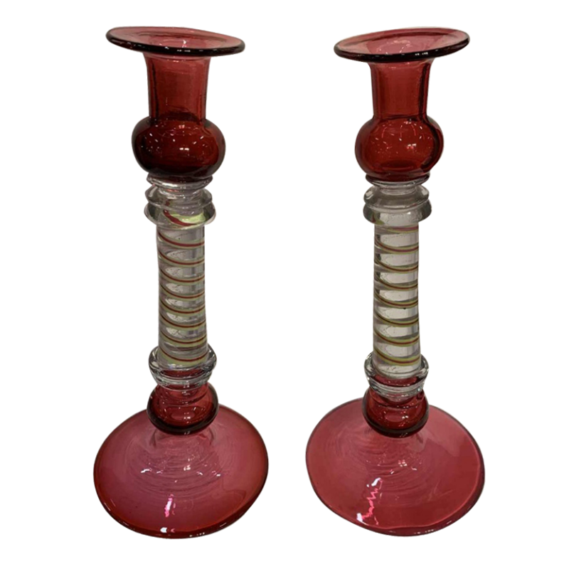 Rare paire de bougeoirs en verre d'Herbatte- Val Saint Lambert ou Chênée (Liège)