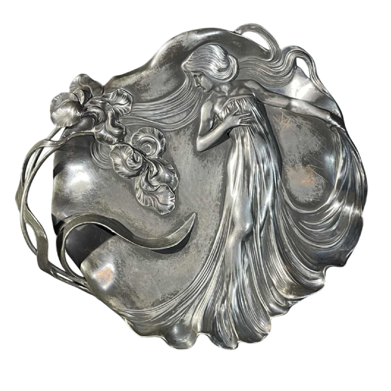 WMF "Vrouw met irissen" N°290 Art Nouveau opengewerkt verzilverd dienblad, ca 1906