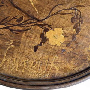 Emile Gallé L'heureux temps inlaid pedestal table, ca 1905