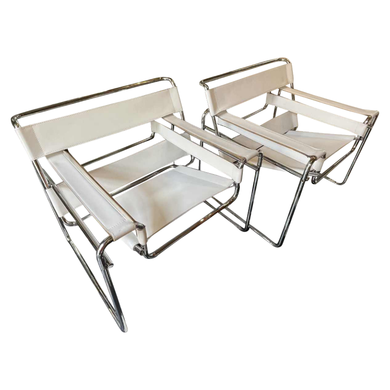 MARCEL BREUER for GAVINA, "WASSILY B3" Pair of Leather and Steel Armchairs
