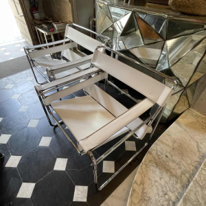 MARCEL BREUER for GAVINA, "WASSILY B3" Pair of Leather and Steel Armchairs