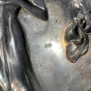 WMF "Vrouw met irissen" N°290 Art Nouveau opengewerkt verzilverd dienblad, ca 1906