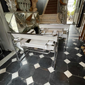 MARCEL BREUER for GAVINA, "WASSILY B3" Pair of Leather and Steel Armchairs